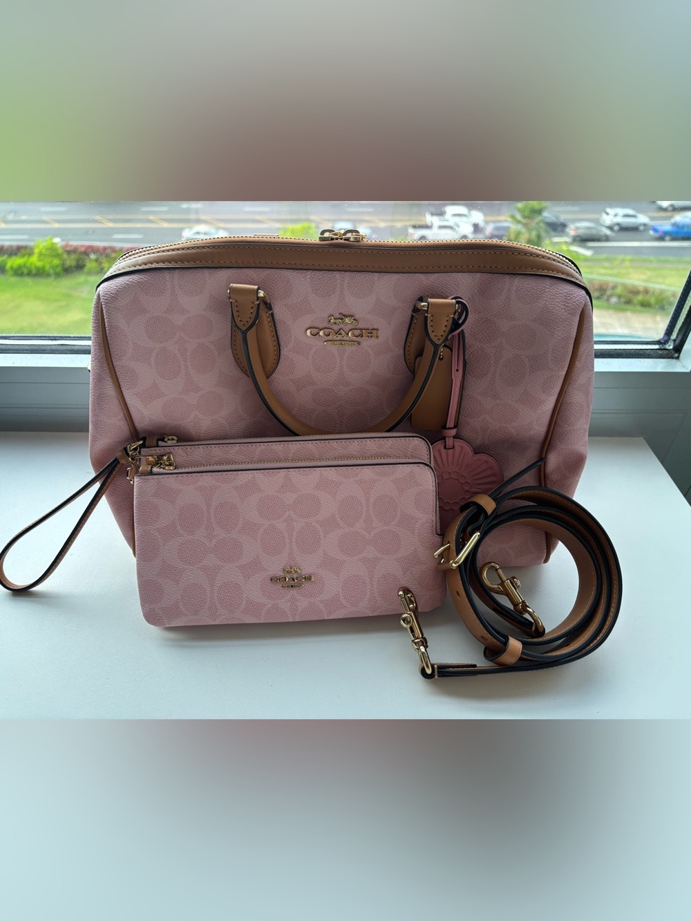 Coach large pink Rowan with matching wristlet